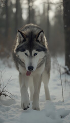 Fototapeta premium Siberian Husky puppy exploring snowy forest, curious and adventurous