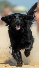 Border Collie with playful expression, running in vibrant outdoor scene