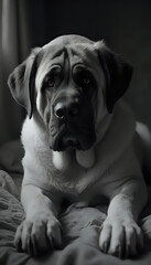 English Mastiff sitting with calm and gentle look indoors