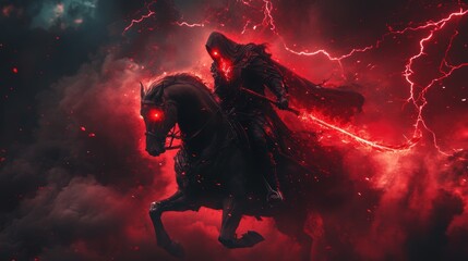 Fototapeta premium Grim reaper with scythe riding a horse. Fire, smoke. Halloween theme poster.