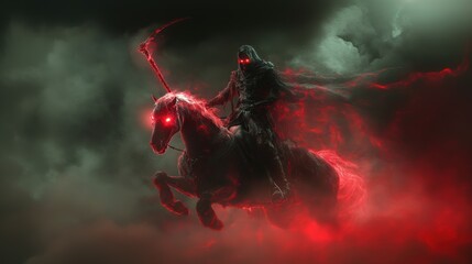 Grim reaper with scythe riding a horse. Fire, smoke. Halloween theme poster.