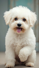 Obraz premium Bichon Frise puppy with happy expression, sitting on light blue background