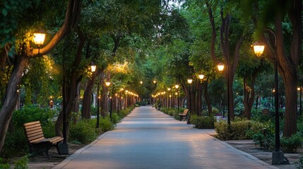 Obraz premium Tranquil Park Pathway Illuminated by Soft Lights