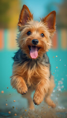 Yorkshire Terrier puppy with playful expression outdoors, vibrant background