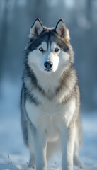 Naklejka premium Siberian Husky standing alert in snowy landscape, majestic and strong