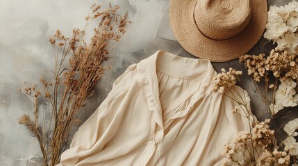 Beige linen blouse, straw hat and dry flowers lying on grey textured background