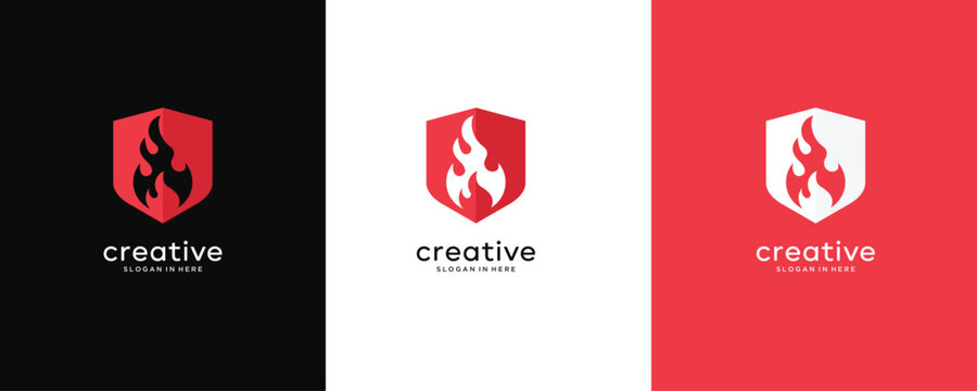 Abstract  fire flame and shield silhoutte vector design logo template 