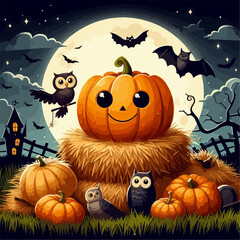 Illustration halloween background with pumpkin and bats