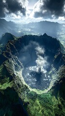 A breathtaking aerial view of a volcanic crater surrounded by lush greenery, highlighting the active steam venting from the center under a dramatic cloudy sky.