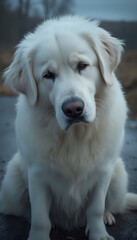 Great Pyrenees puppy with gentle look, sitting on snowy ground