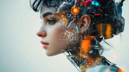 Futuristic portrait blending human and machine elements, showcasing a cybernetic fusion with glowing circuits and translucent overlays on a profile view.