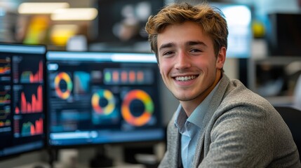A young male data analyst is smiling and staring at the camera in front of multiple interactive display screens in a high-tech office. Fashionable and casual attire, with soft and bright lighting