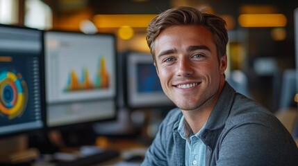 A young male data analyst is smiling and staring at the camera in front of multiple interactive display screens in a high-tech office. Fashionable and casual attire, with soft and bright lighting
