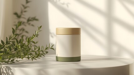 Blank mockup template of a packaging label on a small cylindrical tea container, surrounded by soft shadows and natural light.