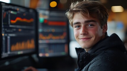 A young male data analyst is smiling and staring at the camera in front of multiple interactive display screens in a high-tech office. Fashionable and casual attire, with soft and bright lighting