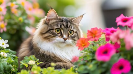 Cat among colorful flowers in a vibrant garden