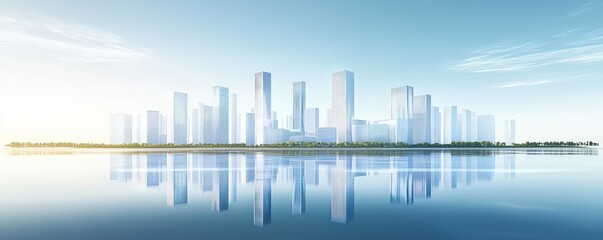 Fototapeta premium A modern city skyline reflects on tranquil waters under a clear blue sky, showcasing sleek architecture and a serene environment.