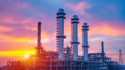 Fototapeta premium Industrial power plant at sunset with vibrant colors and smokestacks