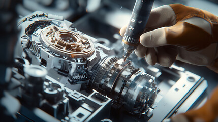 A man is working on a machine with a drill in his hand