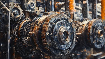 A painting of a machine with many gears and a large gear in the center