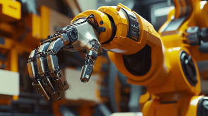 A robot arm with a yellow grip is shown in a factory setting
