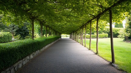 Obraz premium A paved pathway lined with trees and bushes, creating a tunnel of greenery.