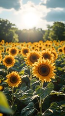 Obraz premium A vibrant field of sunflowers bathed in golden sunlight, creating a cheerful and uplifting atmosphere. The scene captures the beauty of nature in full bloom.