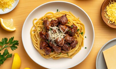 A plate of spaghetti with meat sauce and parmesan cheese on a wooden table.