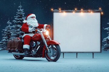 Unconventional Santa riding a motorcycle and blank advertising board, Christmas advertising campaign concept