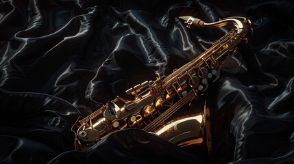 Obraz premium A Golden Saxophone Resting on Black Silk Fabric
