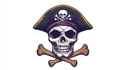Fototapeta premium Closeup view of skull wearing pirate captain cap with crossing bone. The decoration element for Halloween.