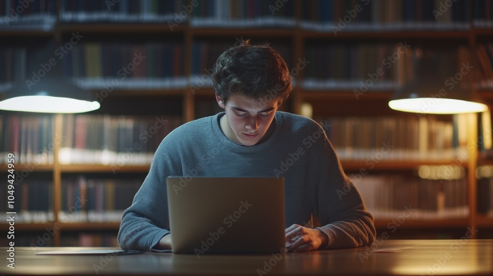 Poster a man is sitting at a table with a laptop in front of him