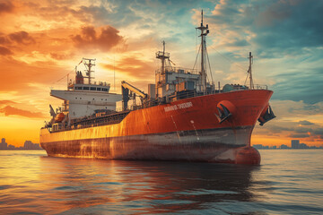 Fototapeta premium Selective focus massive fisherman boat on the ocean with sunset view, Aerial view of cargo ship on the ocean.