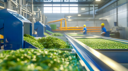 Naklejka premium Efficient processing of fresh greens in a modern industrial facility for sustainable agriculture practices