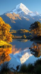 Obraz premium A stunning landscape view of a snow-capped mountain reflecting in a serene lake, framed by vibrant autumn foliage and a clear blue sky, creating a tranquil and picturesque scene.