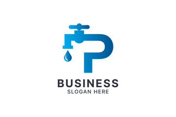 Obraz premium P letter plumbing tap logo vector icon illustration template design with water drop concept.