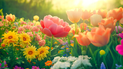 Obraz premium Vibrant spring blooms a captivating display of colorful flowers in nature's garden at sunrise
