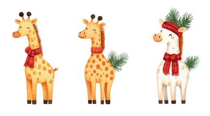 Fototapeta premium Three adorable giraffes, each wearing festive scarves, with one adorned with greenery, perfect for a cheerful holiday theme.