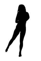 A silhouette of a woman on one leg against a white background