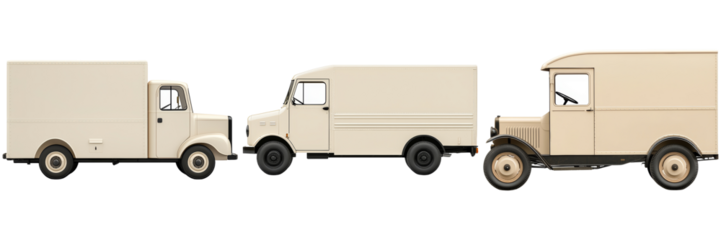 Three Vintage Delivery Trucks Isolated on Transparent Background for Creative Use