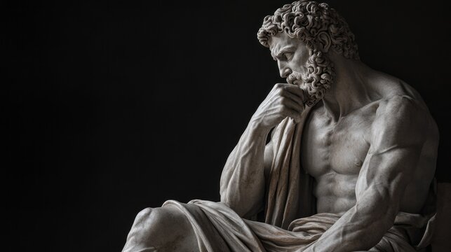 A statue of a man with a beard and a robe is sitting on a black background - Powered by Adobe