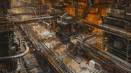 Industrial Interior with Conveyor Belts and a Single Worker