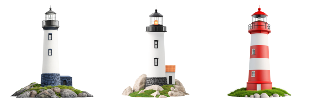 A Trio of Vibrant Lighthouses Isolated on a Transparent Background for Design Use
