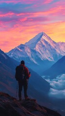 Fototapeta premium Hiker Gazing at the Sunrise Over the Himalayas in Nepal With a Backpack and Fall Arrest Phone. Generative AI