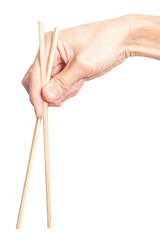 Male hand holding a wood chopstick isolated on white background.