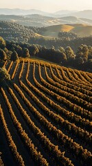 Fototapeta premium A breathtaking aerial view of lush vineyards stretching across rolling hills, showcasing vibrant rows of grapevines in warm golden sunlight, evoking a peaceful countryside ambiance.