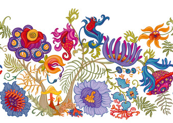 Obraz premium Fantasy, alien hypnotic flowers, decorative flowers and leaves. Cartoon style. Millefleurs trendy floral design. Seamless pattern, background. Outline hand drawing vector illustration.