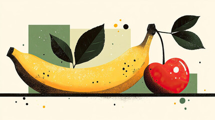 Illustrations of tropical fruits, bananas, and apples