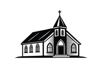 Township with Church Silhouette Vector – Classic Black and White Illustration for Historic and Peaceful Village Design
