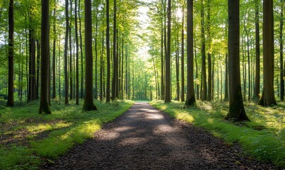Fototapeta premium Sunlight streams through a dense forest, illuminating a path leading through the trees.